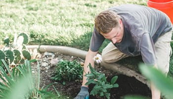 Homme qui jardine dans son jardin tranquillement : en cas d’accident, il peut compter pour son assurance incapacité de travail.