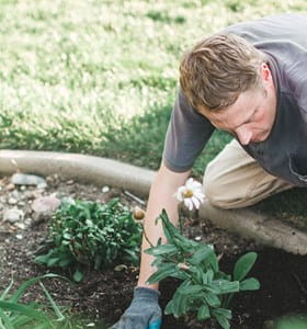 Man werkt met een gerust gemoed in zijn tuin: mocht er zich een ongeval voordoen, kan hij rekenen op zijn arbeidsongeschiktheidsverzekering.
