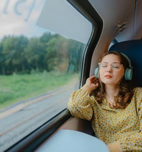 Vrouw reist met de trein terug naar huis en luistert naar muziek.