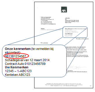 Het nummer van het schadegeval vind je in je AXA-brieven onder Onze kenmerken (te vermelden bij elk contact).