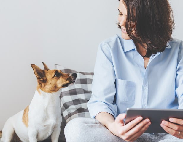Sur sa tablette, une femme consulte l'espace client MyAXA, où elle trouve toutes ses assurances en 1 seul endroit.