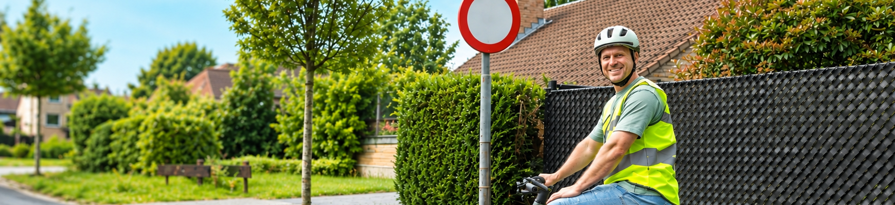 Een fietser op zijn fiets en een uitnodiging van AXA om zijn kennis te testen via de Quiz de la Route.
